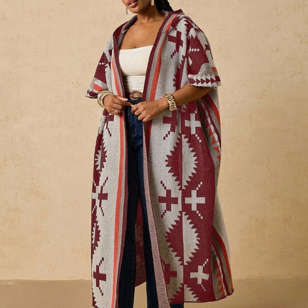 Burgundy Boho Women's Plus Size Casual Vacation Jacket